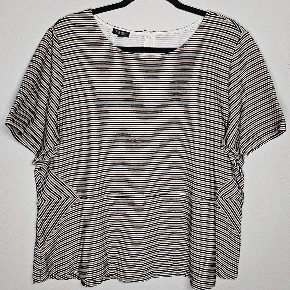 Talbots Womens 2Xp Tan Black Striped Peplum Pullover Top Blouse Preppy Boxy Fit